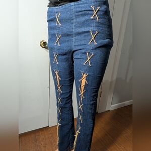 RAG Dark Blue Lace-Up Denim Jeans with Tan Lacing Size 10
